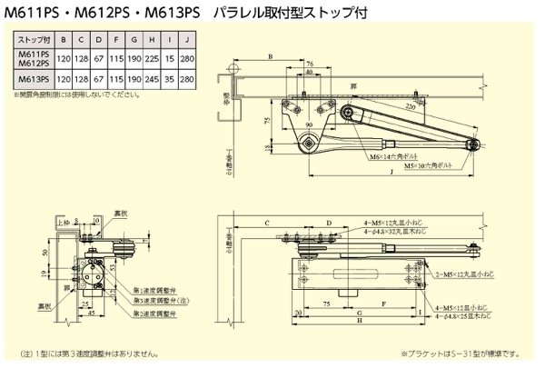ドアクローザ　M612PS-BK　ブラック艶消し色(BK)